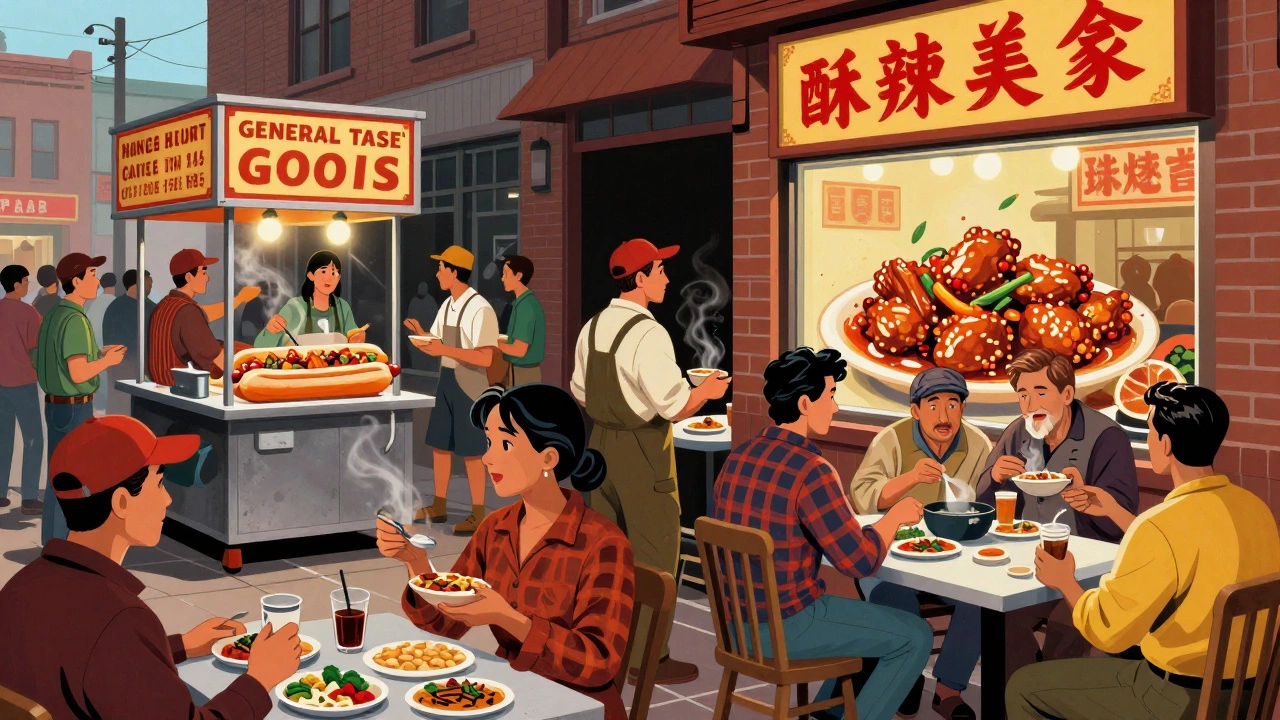 Busy street scene showing immigrants creating fusion foods like hot dogs and Chinese dishes