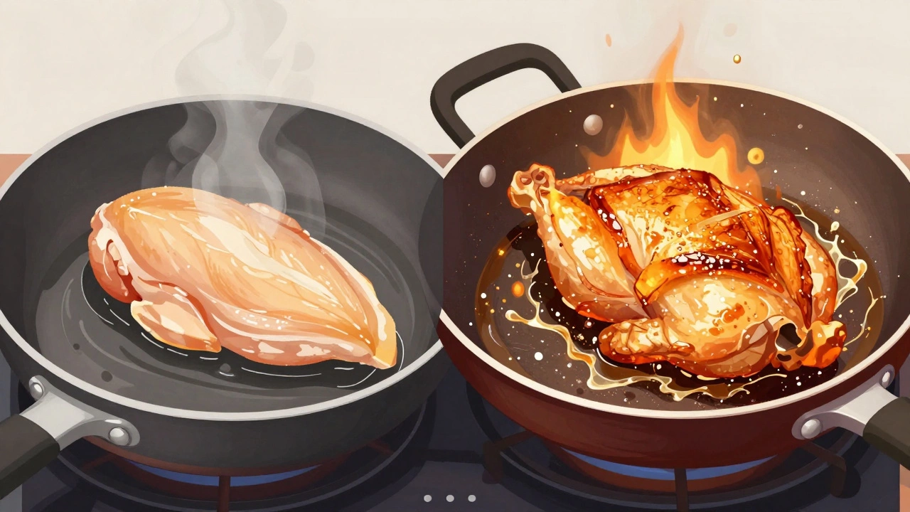 Chicken cooking via low-heat poaching followed by high-heat searing.