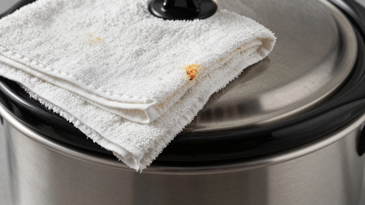 Close-up of fabric touching hot slow cooker rim showing heat damage