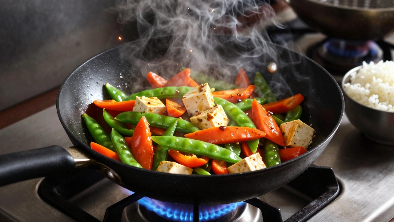 Colorful vegetables and tofu sizzling in a wok over a flame