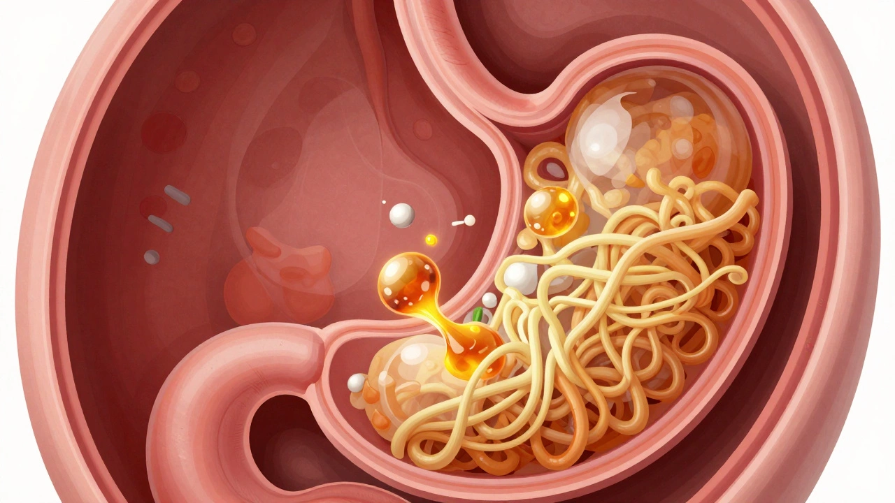 Conceptual art of stomach digesting fat and fiber