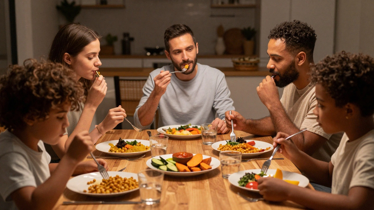 Family eating mindfully together at a wooden dinner table