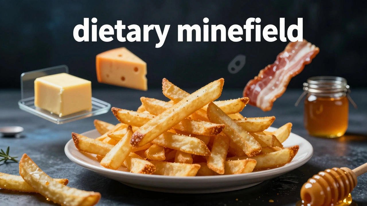 French fries surrounded by floating dairy and meat icons