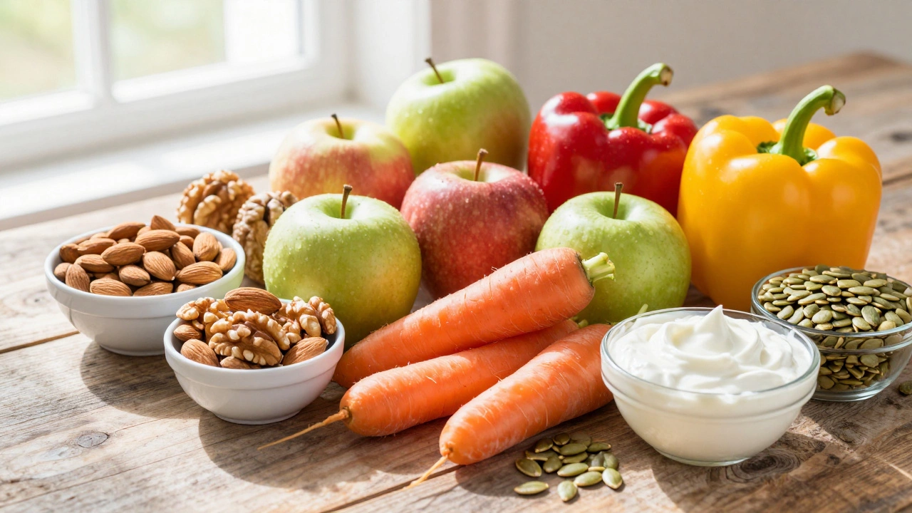 Fresh fruits, nuts, and yogurt arranged as healthy gluten-free snacks