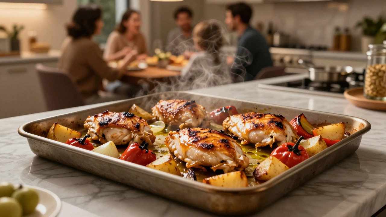 Golden roasted chicken and veggies on a baking sheet in a cozy kitchen.