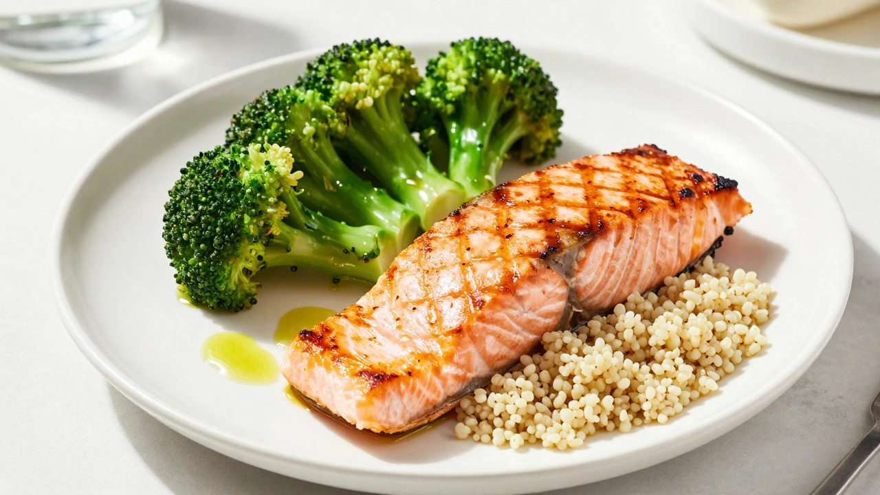 Grilled salmon plate with quinoa and roasted broccoli under bright light