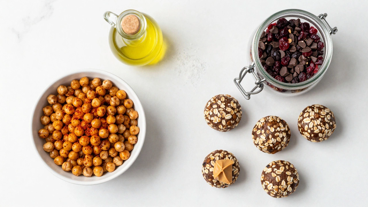 Homemade roasted chickpeas, trail mix, and energy bites on marble