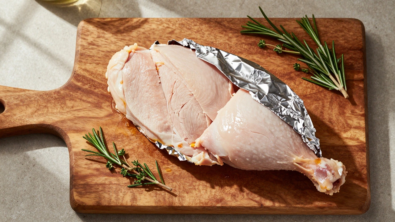 Juicy cooked chicken breast resting under foil on a wooden board.