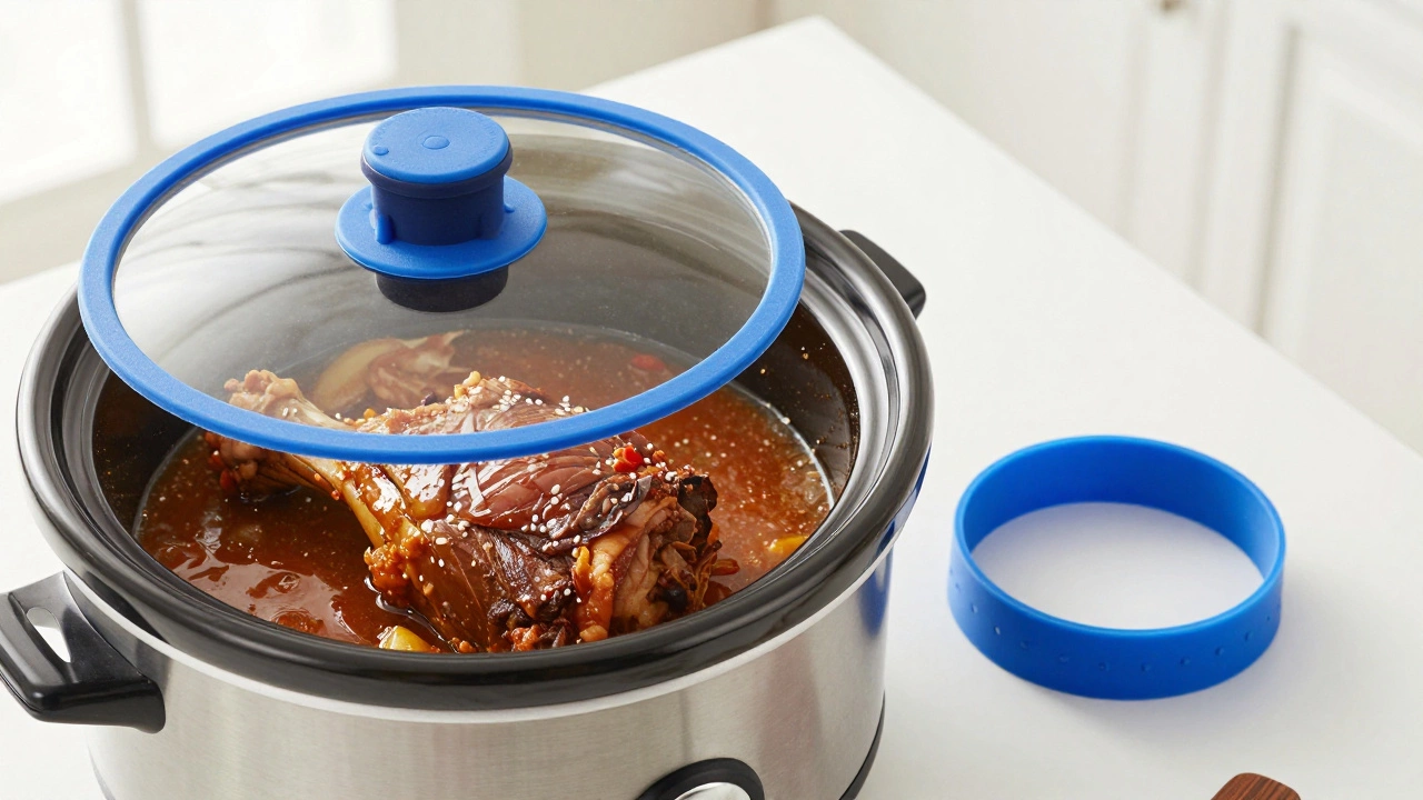 Juicy pot roast in modern cooker with silicone seal nearby