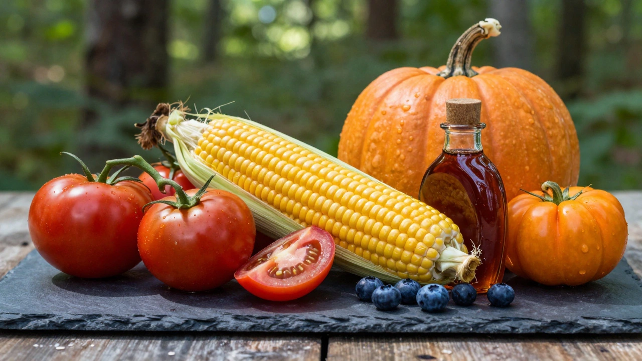 Native corn, tomatoes, squash, blueberries, and maple syrup arranged on stone