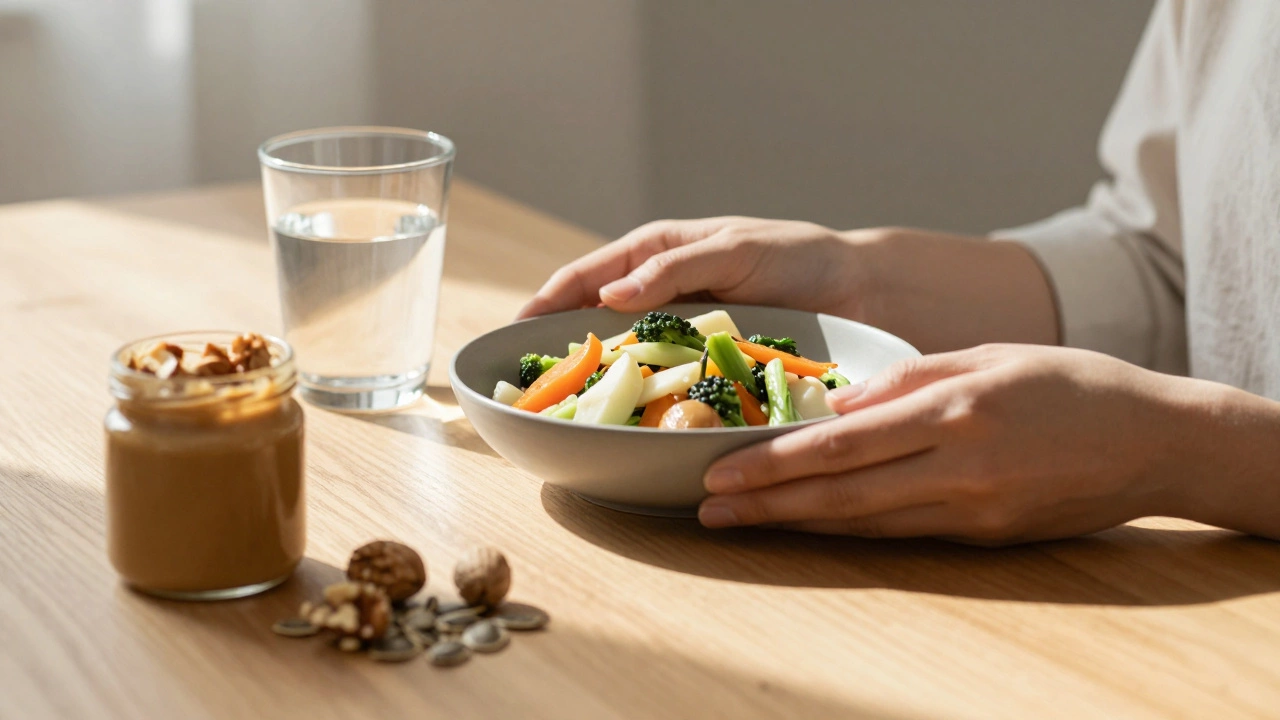 Person serving cooked vegetables and water for gentle digestion