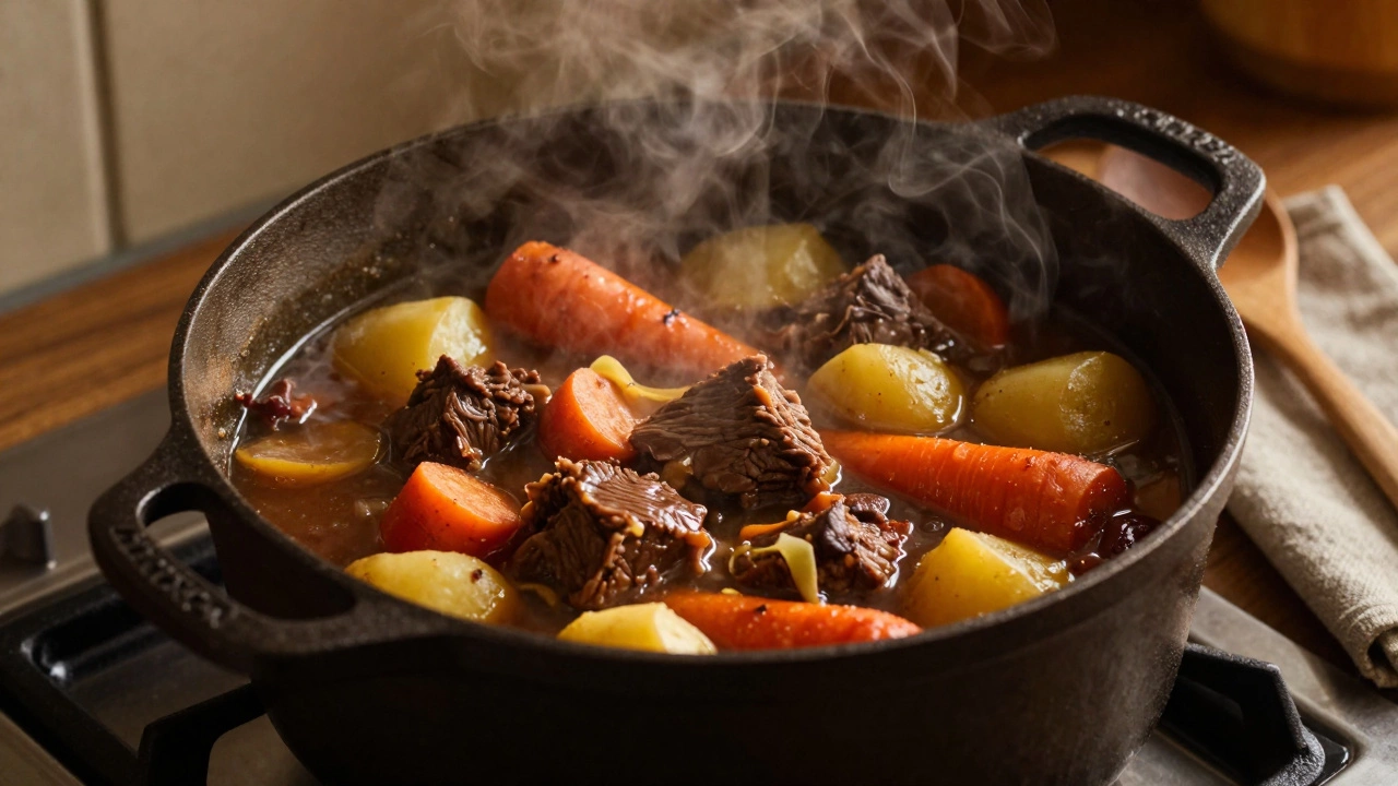 Simmering beef stew with root vegetables in a cast iron pot