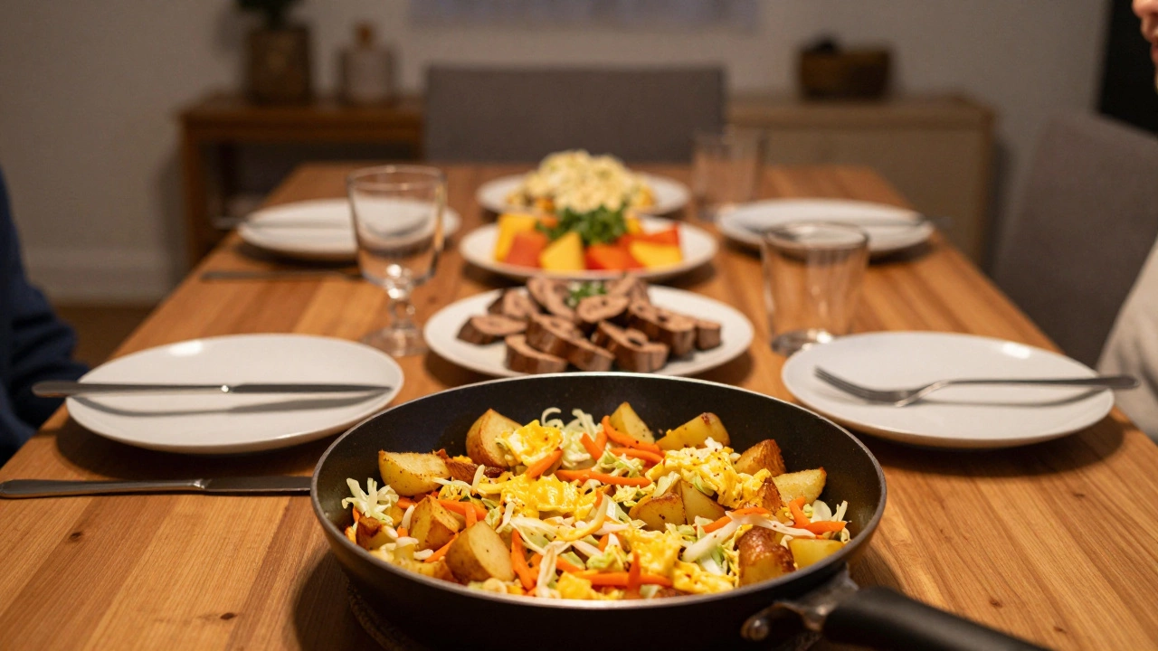 Skillet of potato and egg hash served family-style at a wooden dining table.