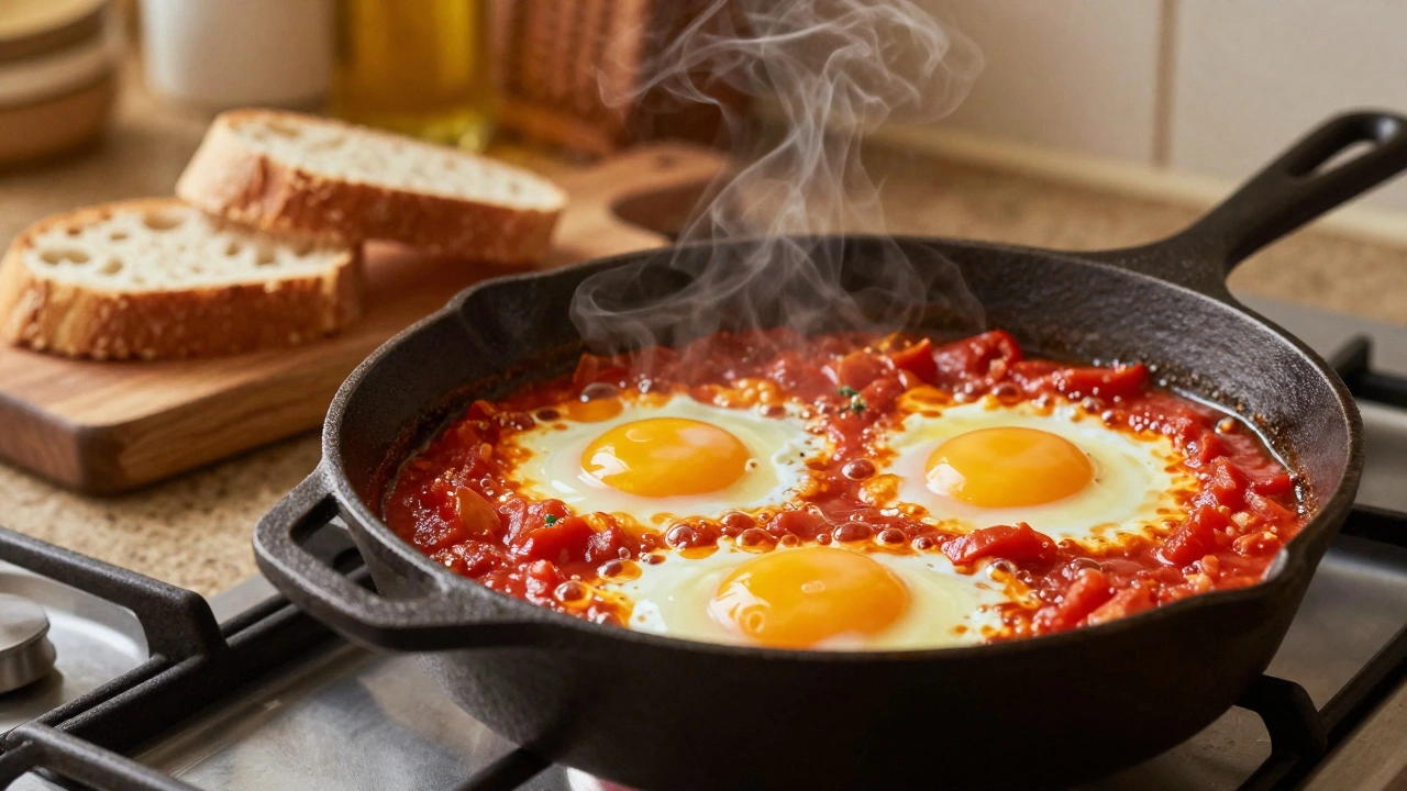 Skillet of shakshuka with eggs and tomato sauce