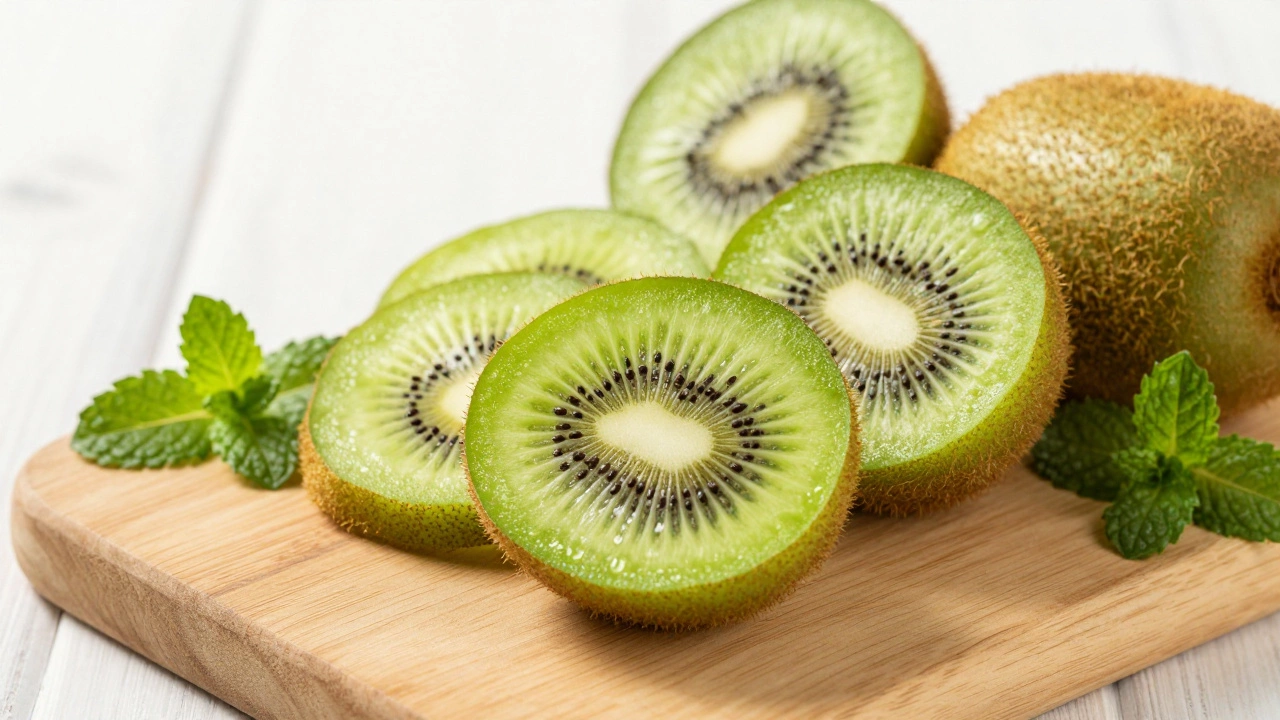 Sliced fresh kiwi showing green flesh and seeds