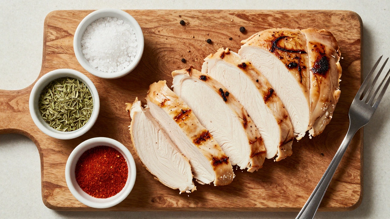 Sliced juicy chicken breast with spices on a wooden board.