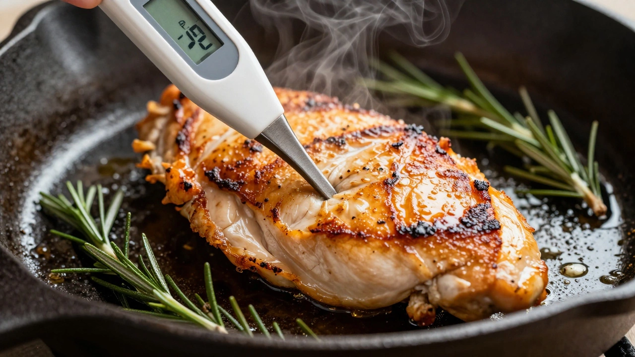Thermometer checking temperature of searing chicken in a skillet.