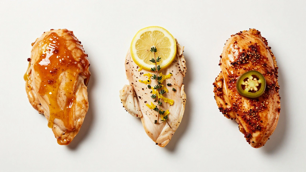 Three flavored chicken breast variations: honey mustard, lemon herb, and Cajun.