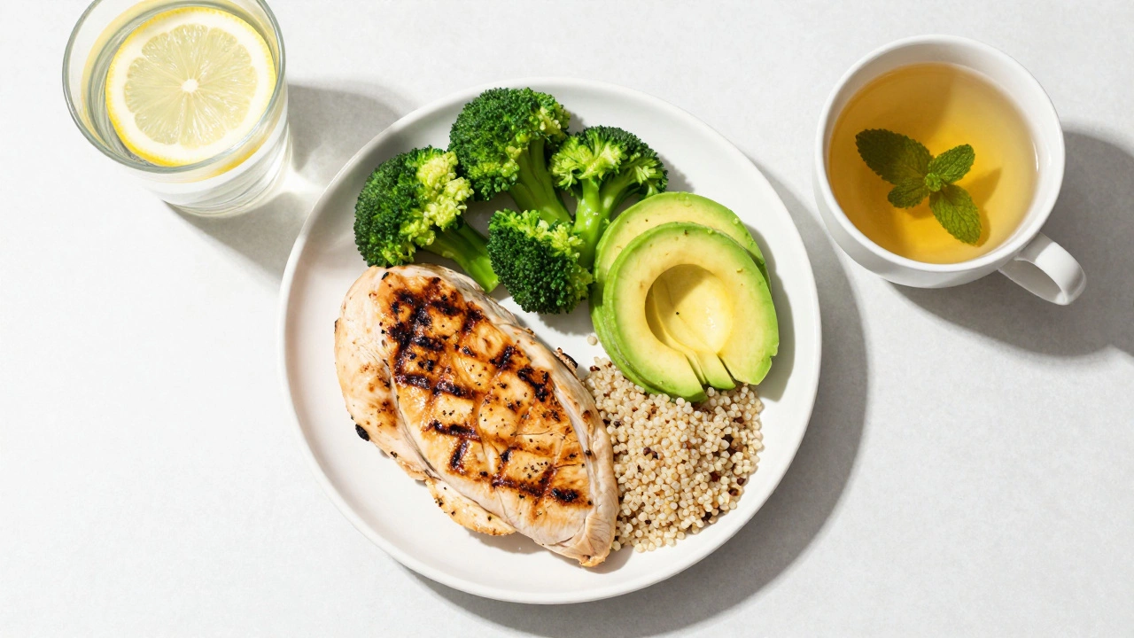 Balanced gluten-free meal with chicken, quinoa, and vegetables