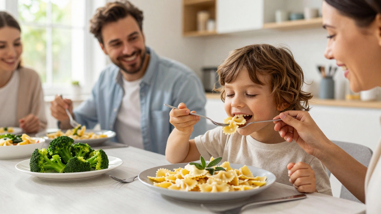 Child eating farfalle pasta at a family dinner table