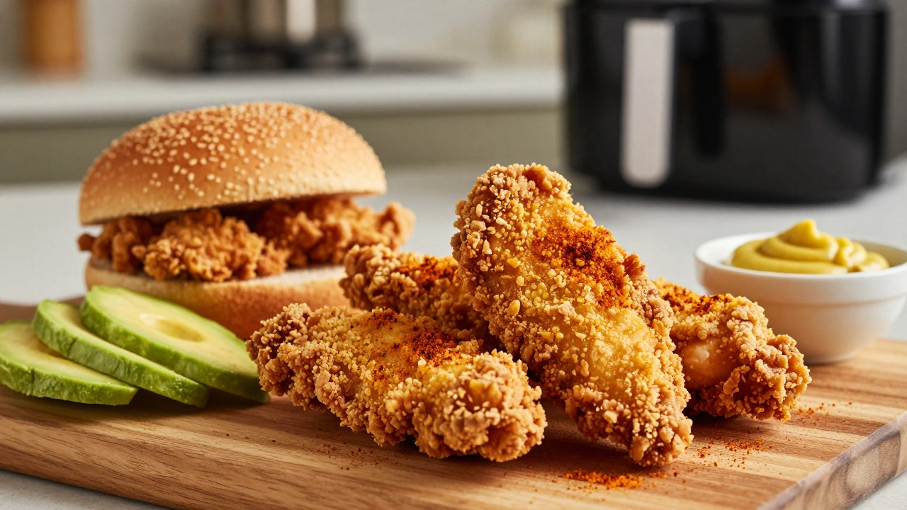 Close-up of crispy homemade air-fried chicken sandwich with fresh toppings