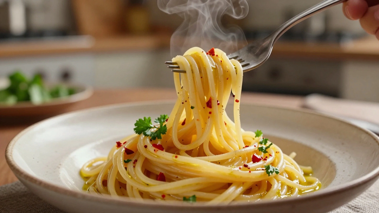 Close-up of spaghetti aglio e olio being twirled on a fork