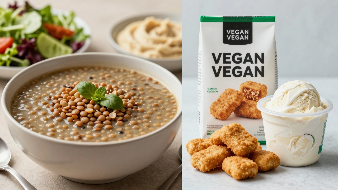 Contrast between healthy lentil soup and processed vegan snacks
