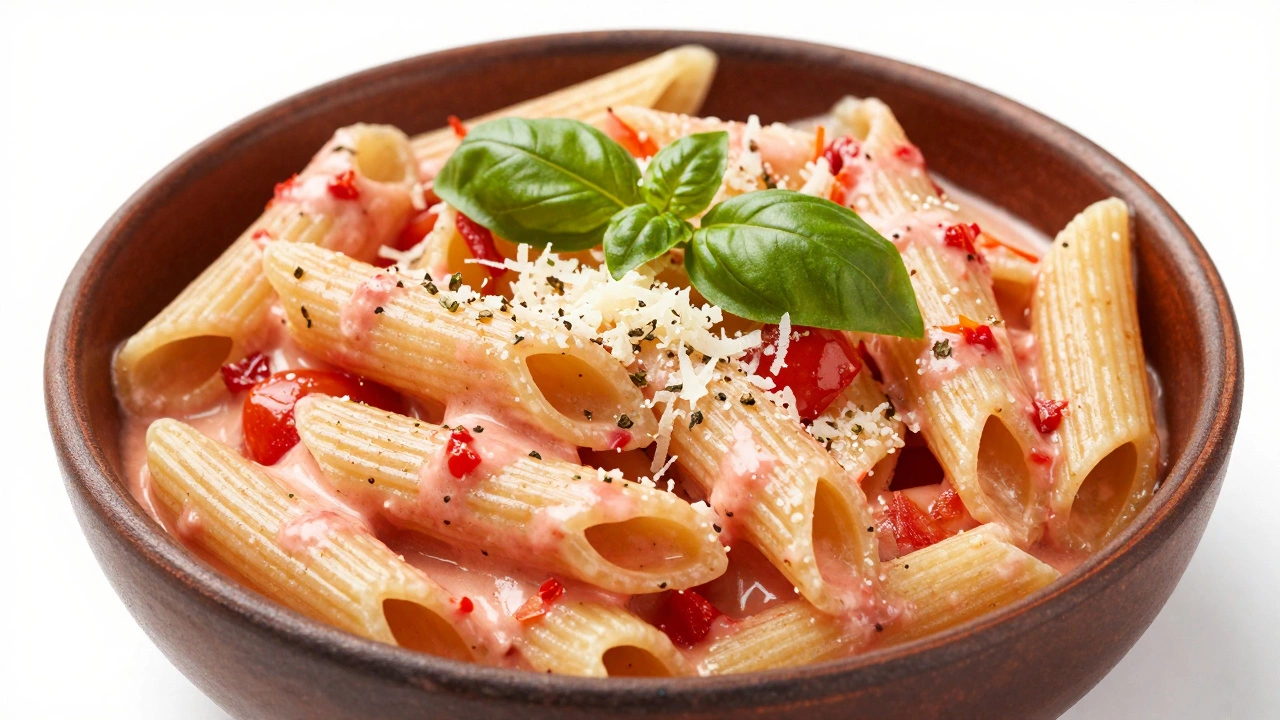 Creamy penne alla vodka pasta in a bowl with parmesan and basil
