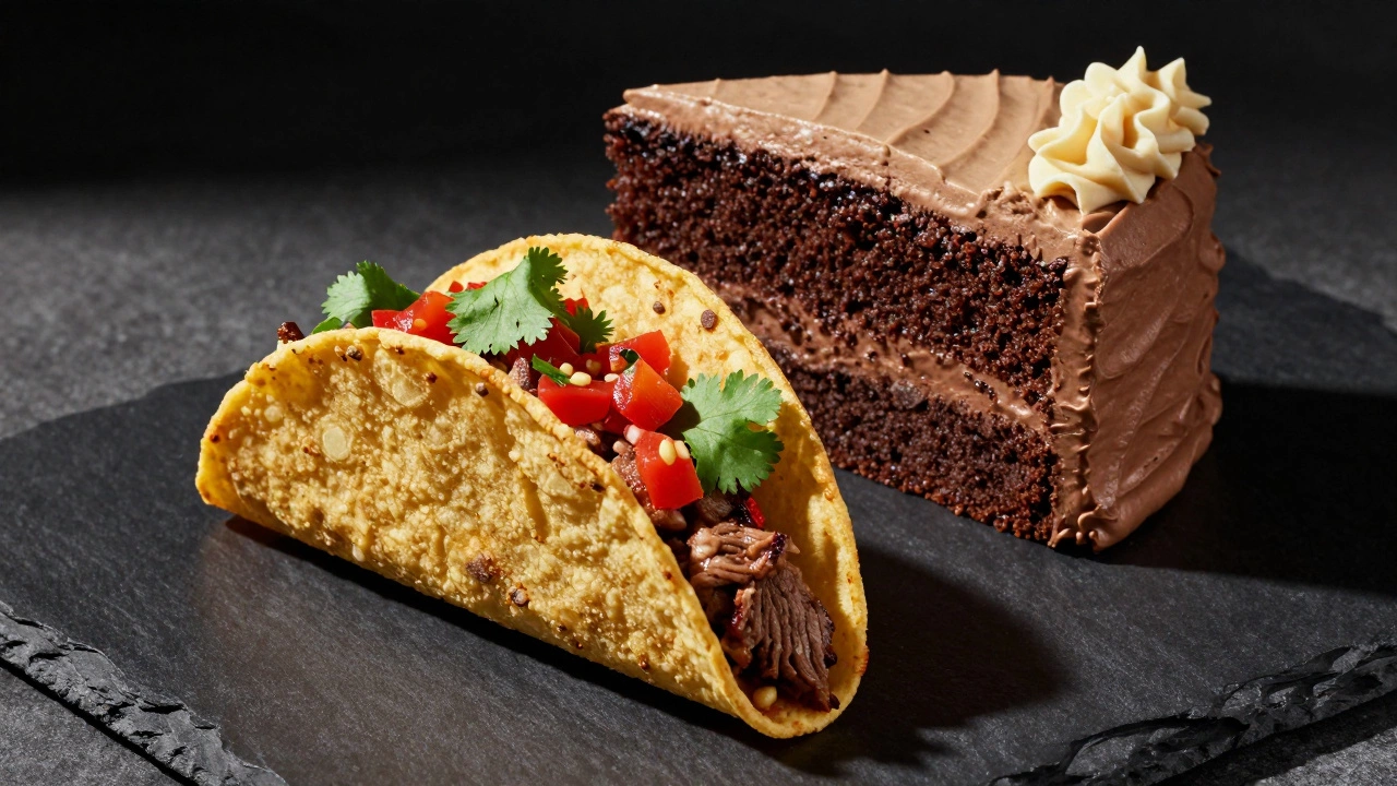 Crispy taco and chocolate cake showing texture contrast