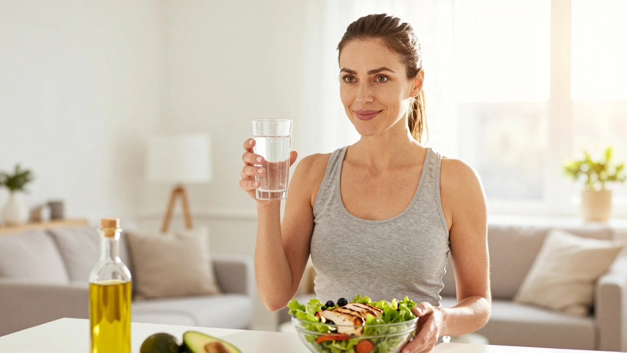 Energetic person enjoying healthy low-carb meal after one week of dietary change