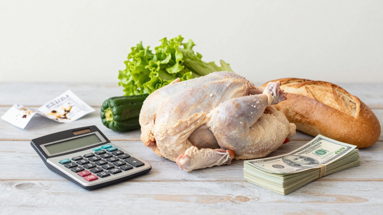 Fresh groceries and cash savings next to discarded fast food wrappers