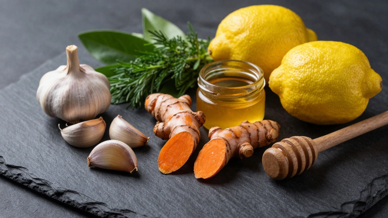 Fresh immune-boosting ingredients like garlic, turmeric, and lemon