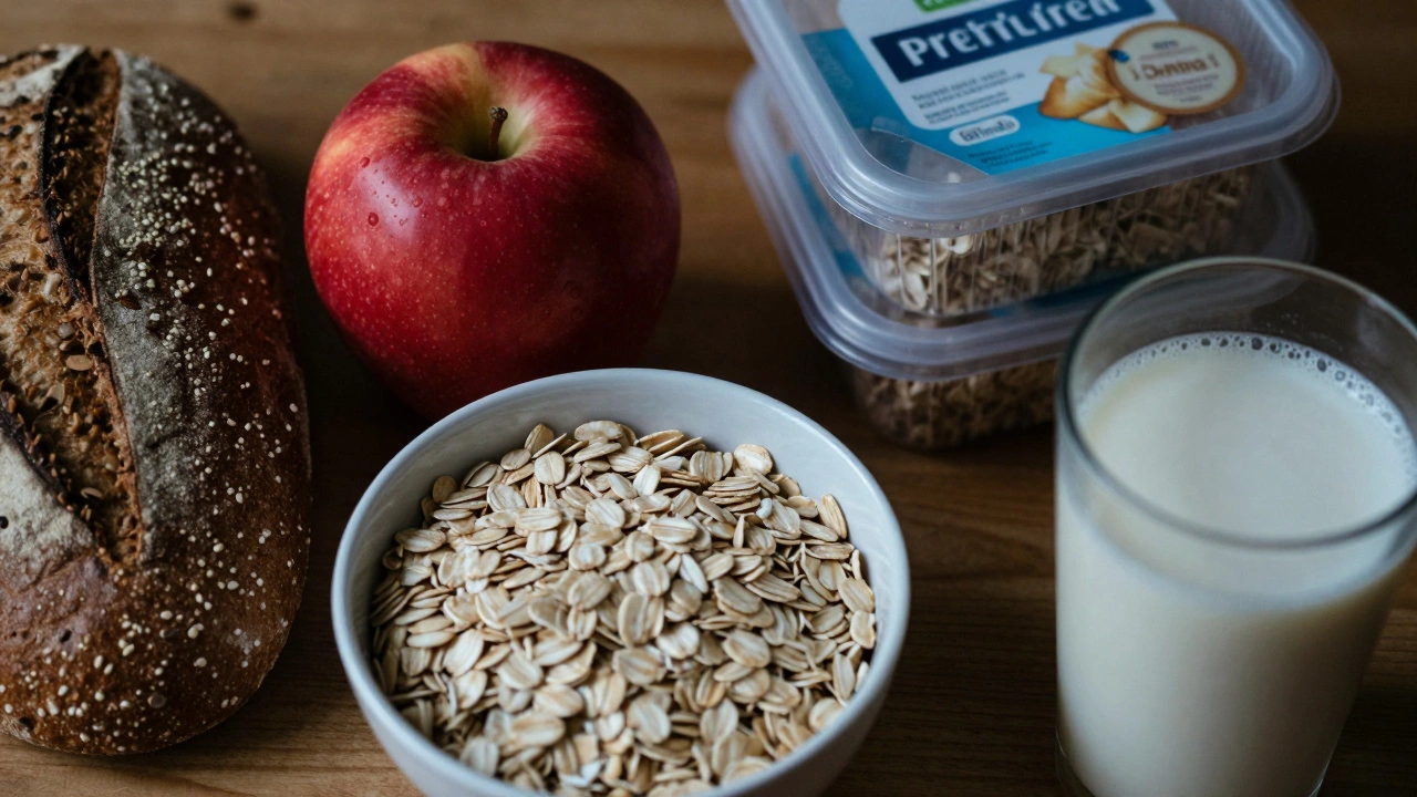 Fresh whole foods like apples and bread contrasted with blurred processed items.