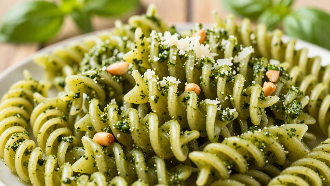 Fusilli pasta twisted with green pesto sauce and pine nuts