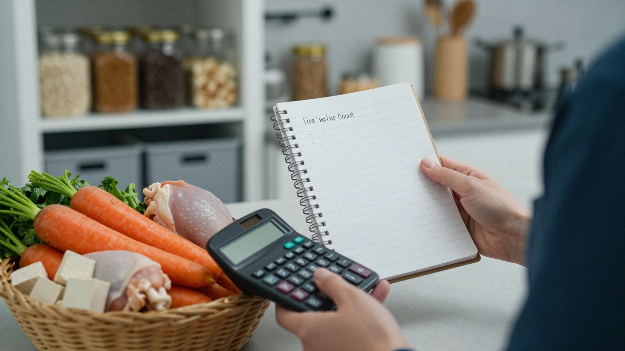 Hands holding a shopping list and calculator next to fresh produce