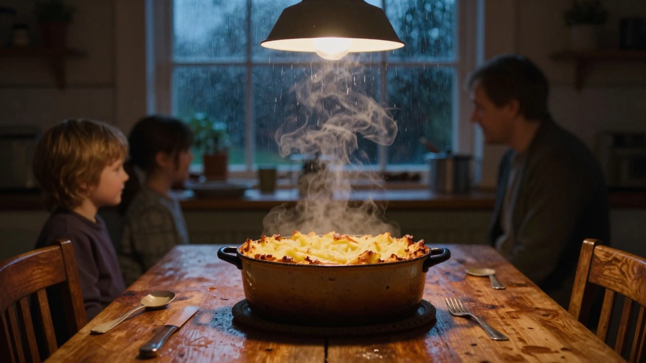 Hearty shepherd's pie on a table during a rainy evening