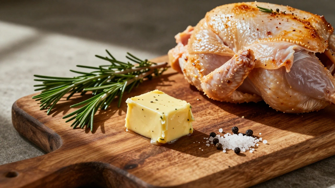 Herb butter, spices, and raw chicken prep for roasting
