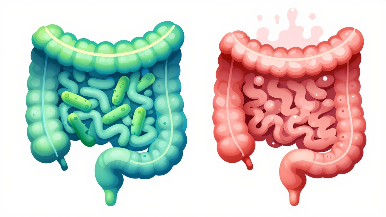 Illustration comparing healthy gut versus inflamed intestine with gas