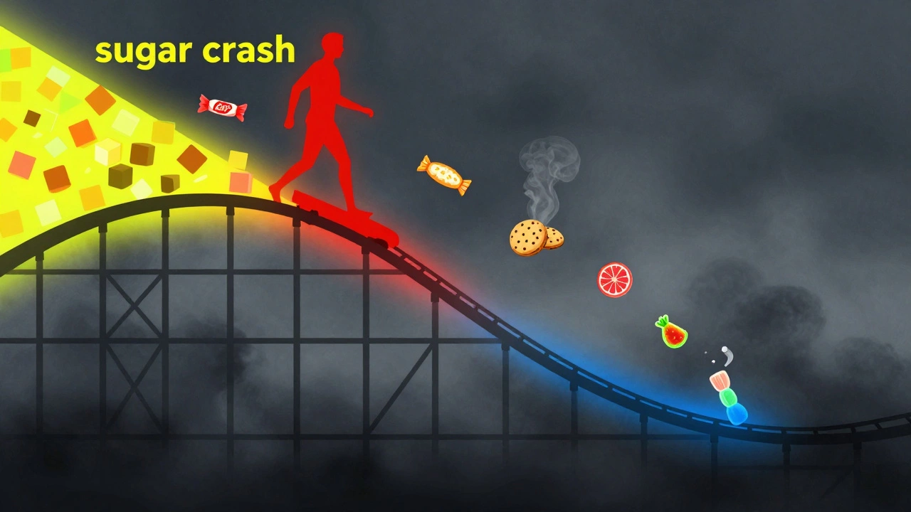 Illustration of sugar spike and crash with junk food icons