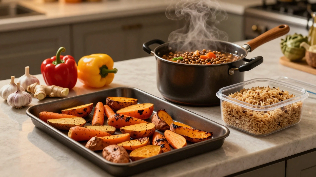 Kitchen counter with roasted vegetables and lentil stew for batch cooking.