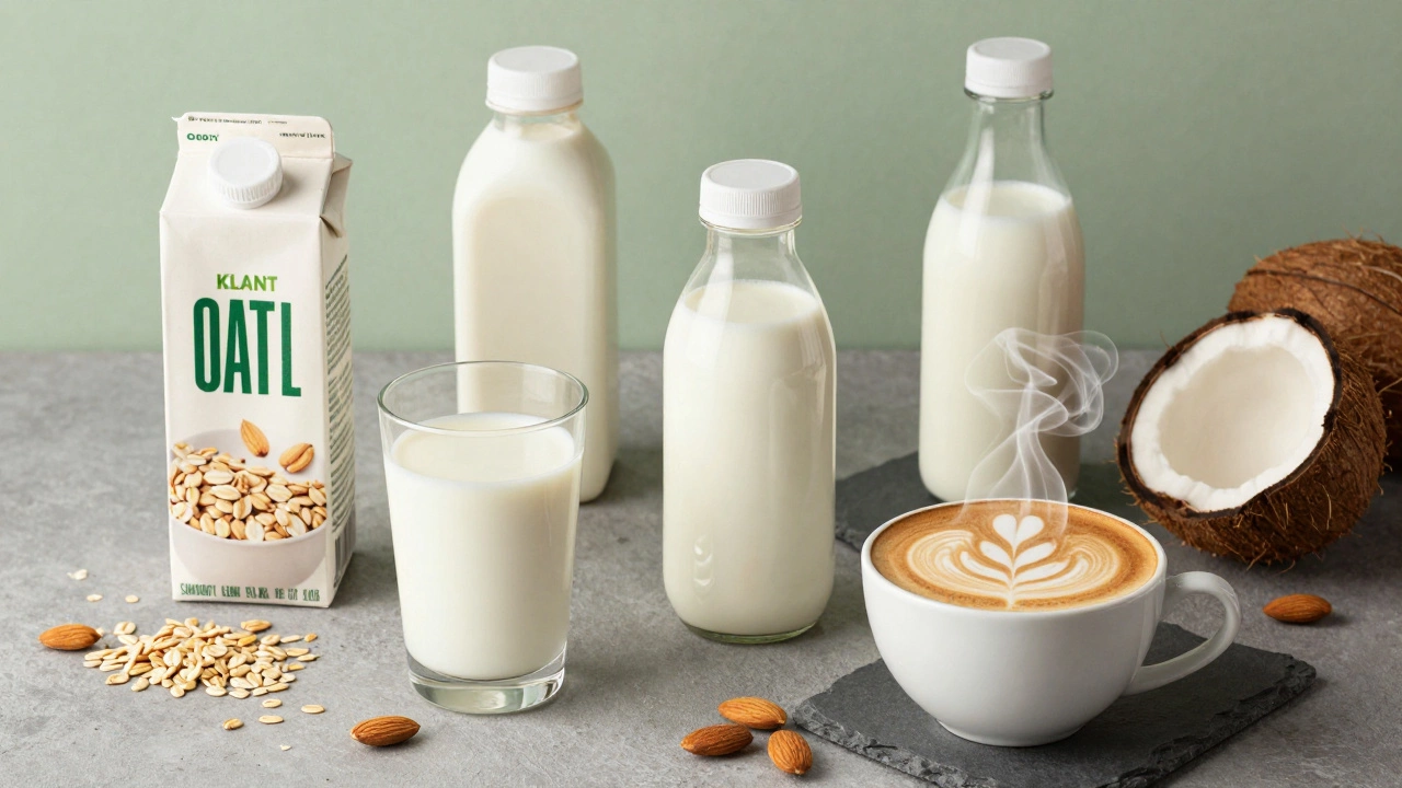 Plant-based milk cartons and fresh ingredients for vegan lattes