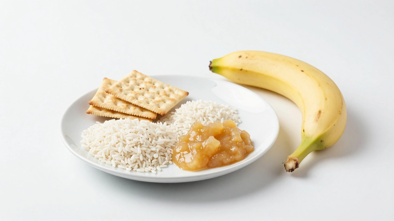 Plate of bland recovery foods including rice, crackers, and banana