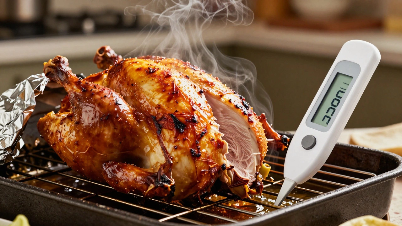 Roasted chicken resting with thermometer checking internal temp