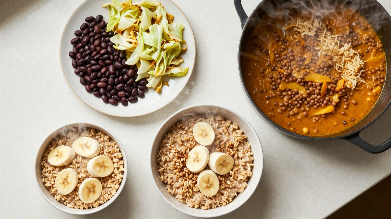 Three healthy home-cooked meals: oatmeal, bean bowls, and lentil curry