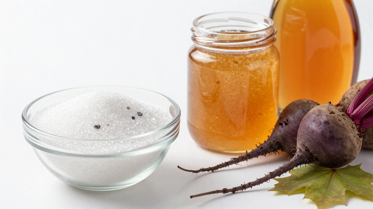White sugar contrasted with beet sugar and maple syrup on wood