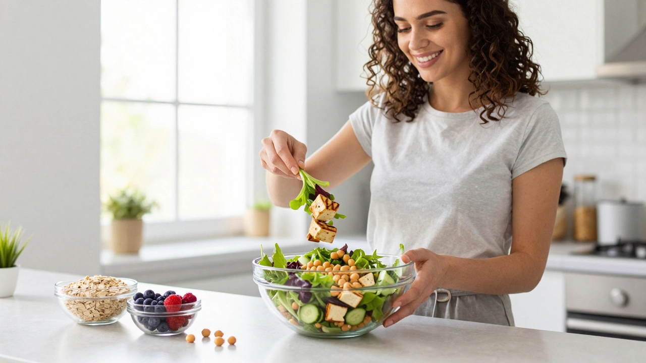 Woman preparing a fresh vegan salad with tofu and chickpeas