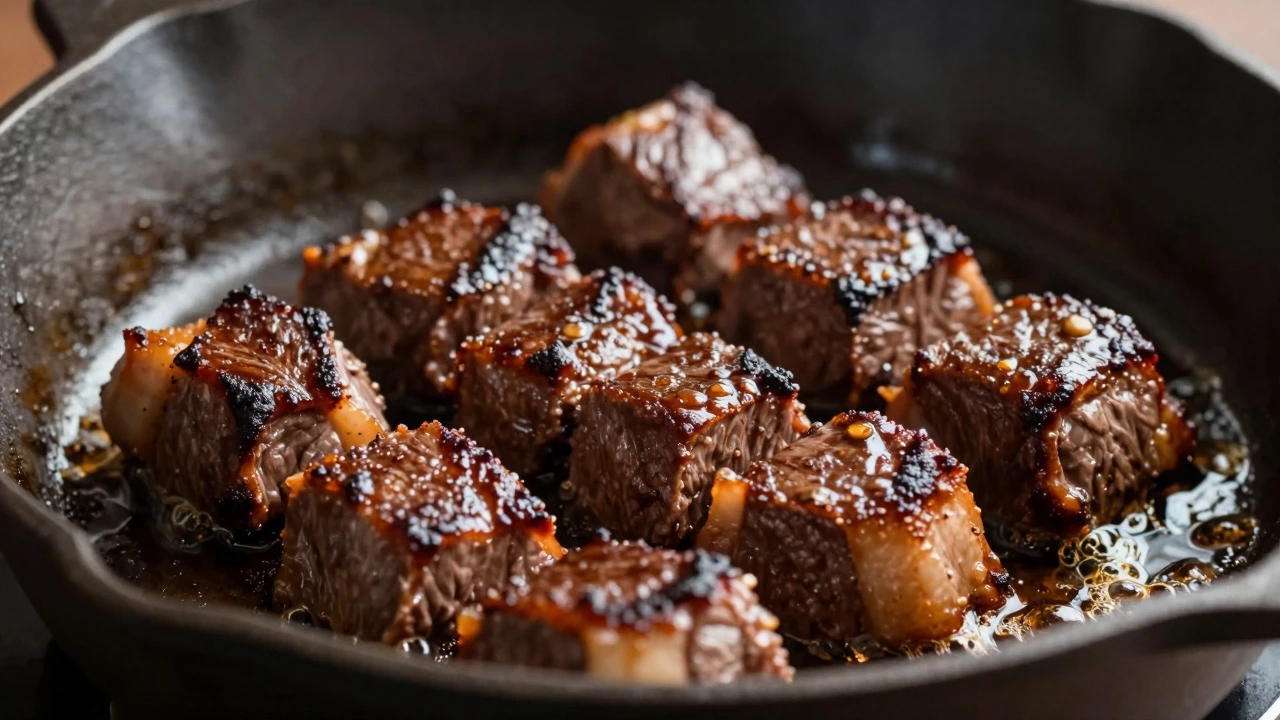 Beef cubes searing in a cast-iron skillet with oil sizzling