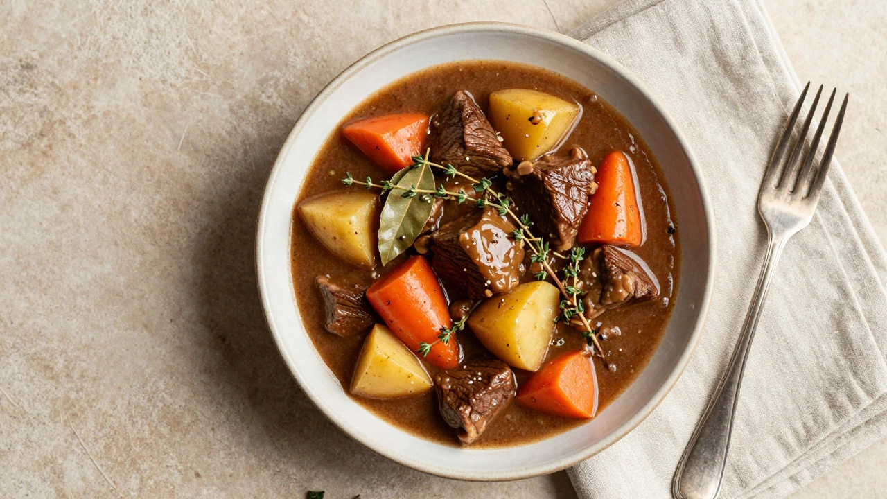 Bowl of hearty beef stew with carrots and potatoes garnished with herbs