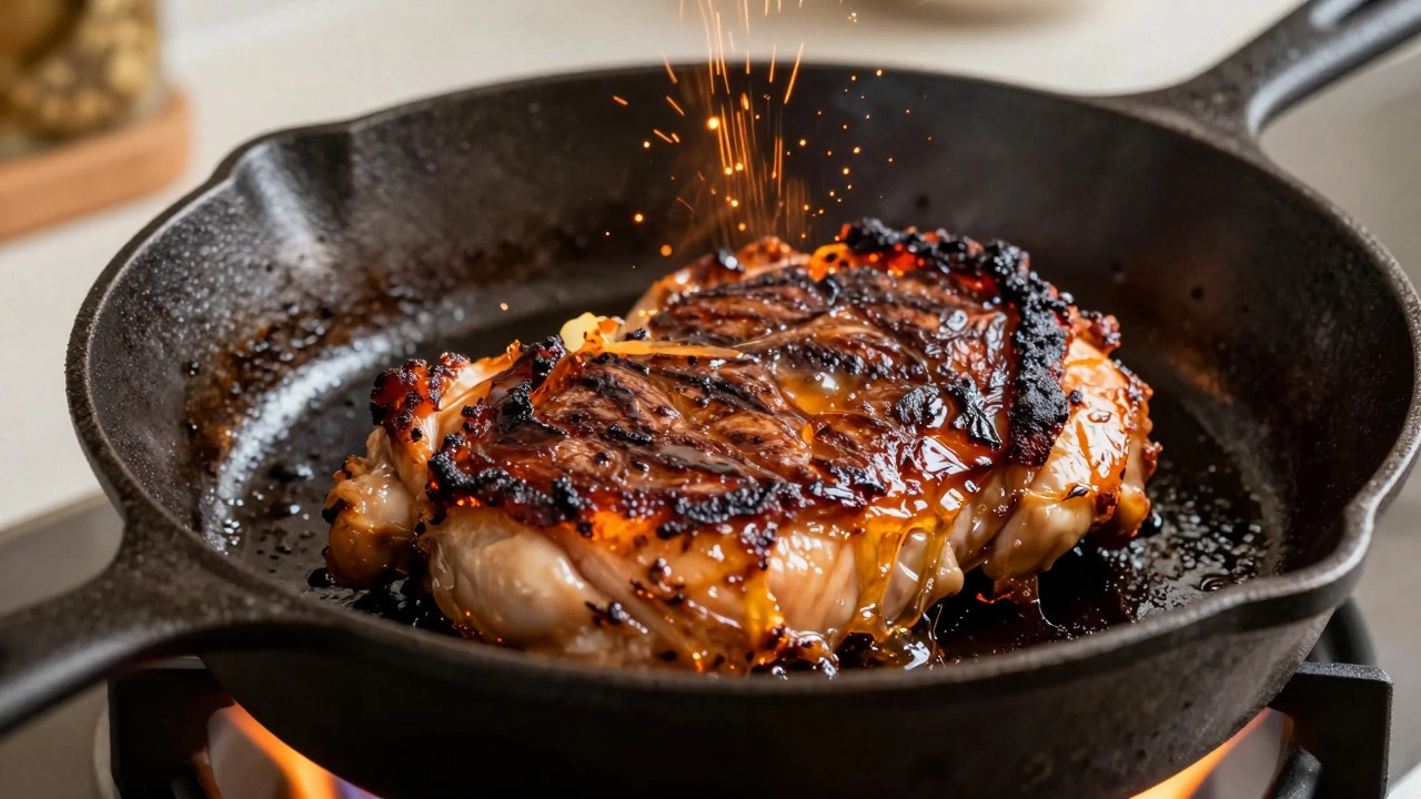 Close-up of meat searing in a pan showing the Maillard reaction