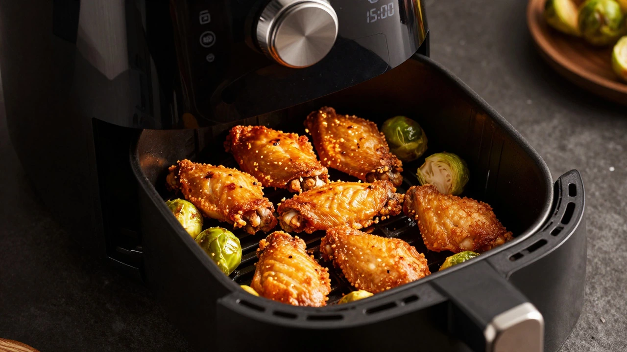 Crispy chicken wings and veggies in an open air fryer basket